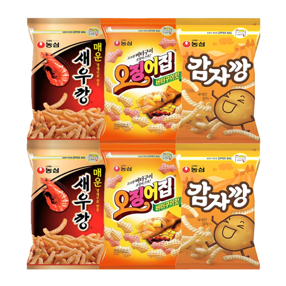 농심 스낵 대용량 지퍼백 매운새우깡+감자깡+오징어집 2개씩 (총 6개) 36,000원