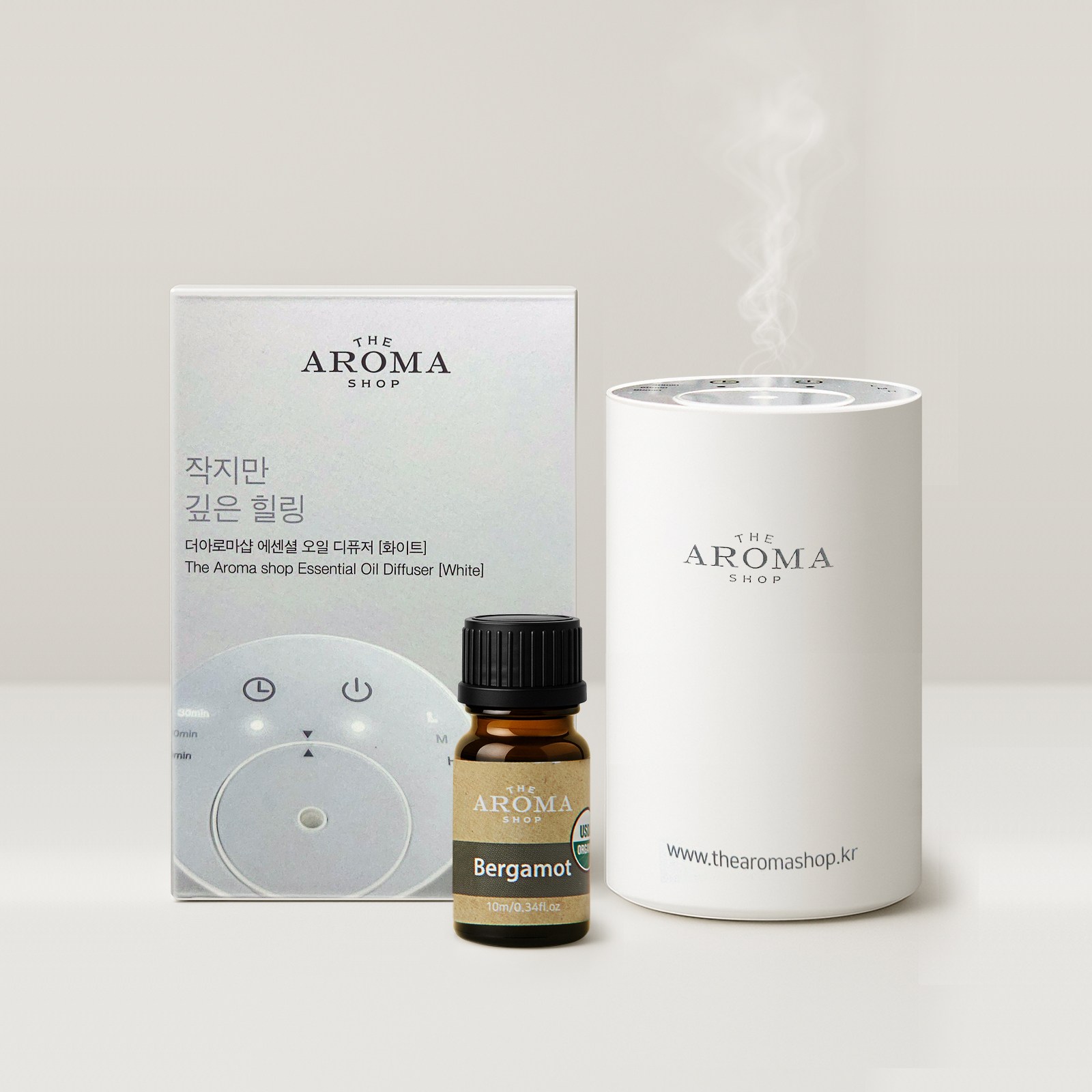 [전자 디퓨저+에센셜오일 1종] 네뷸라이징 실내 차량용 방향제 / C타입 USB 충전식 무선 아로마 디퓨저 세트 / 자동분사 더아로마샵, 1개, 10ml, 전자디퓨저(화이트)+오가닉 베르가못 10ml 49,000원