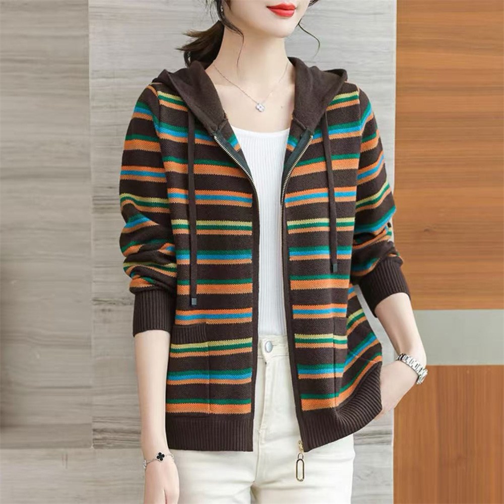 Vezri 여성용 봄가을 스트라이프 후드 니트 가디건 집업 캐주얼 스타일 22,810원