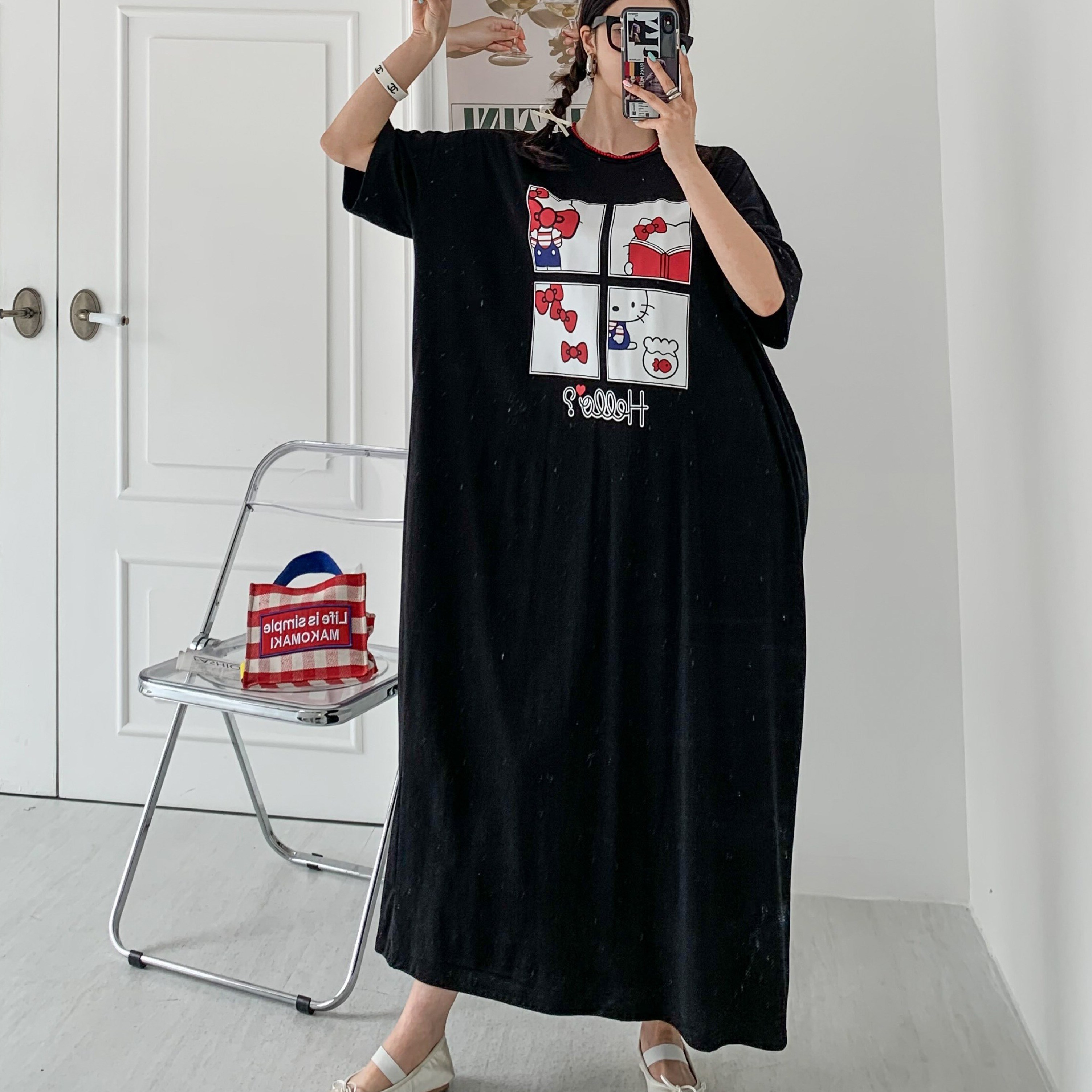 렛잇샤인 오버핏 여행룩 빅사이즈 캣츠 프린팅 반팔 롱원피스 23,900원