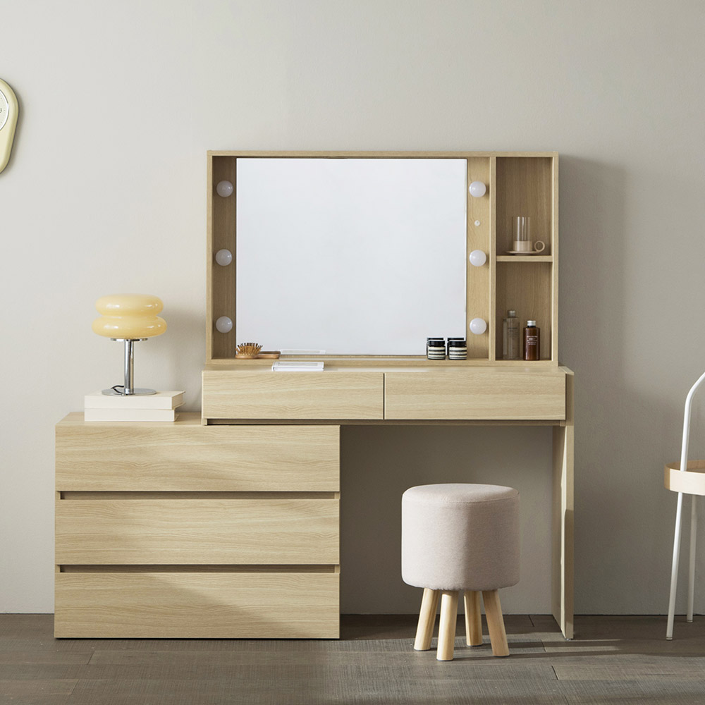 파로마 헤브 LED조명 확장형 콘솔서랍장 화장대 스툴포함, 오크+스위트원형스툴(베이지) 209,000원
