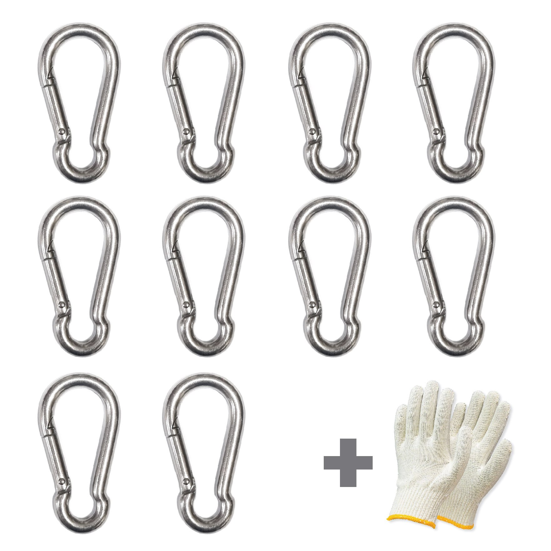 SUS304 고강도 스텐 카라비너 10개 + 면장갑 1켤레 등산고리 캠핑용 산업용 야영 텐트설치용 아웃도어 5,900원