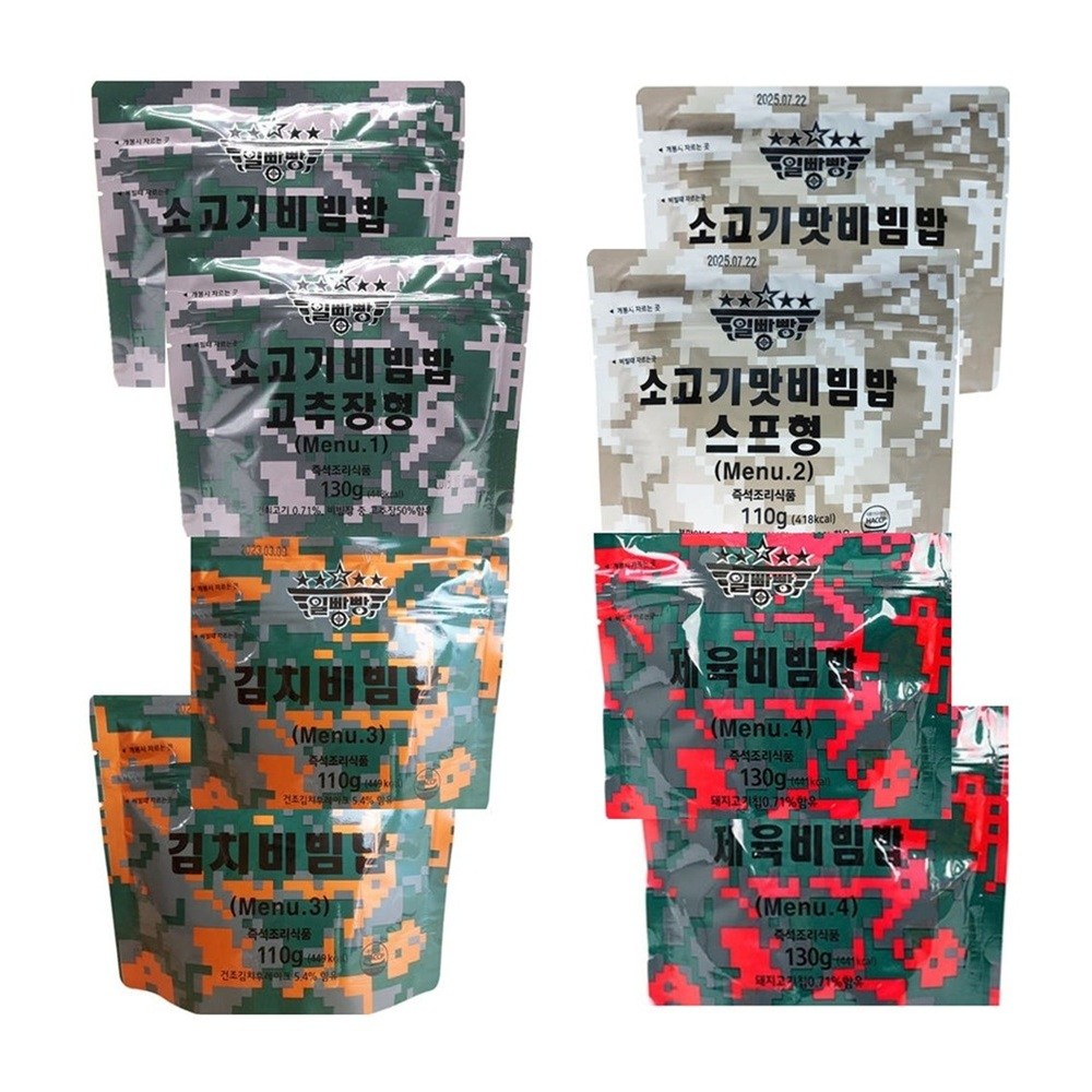 일빵빵 전투식량 4종(소고기 고추장형 2개+소고기 스프형 2개+김치비빔밥 2개+제육비빔밥 2개=8개), 1세트, 960g 29,900원