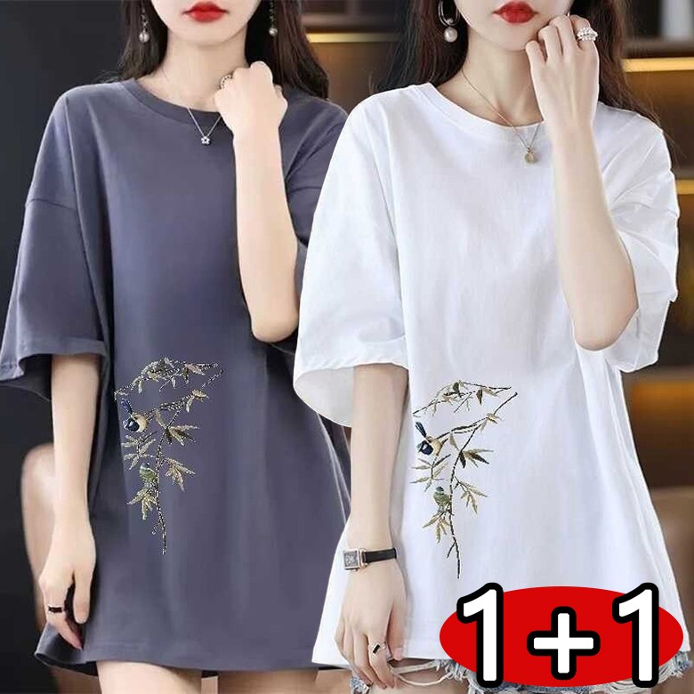 1+1 라운드 반팔티 캐주얼 여성 여름 심플티 데일리 루즈핏 날씬해보이는 프린트 박스티 오버사이즈 롱티 19,900원