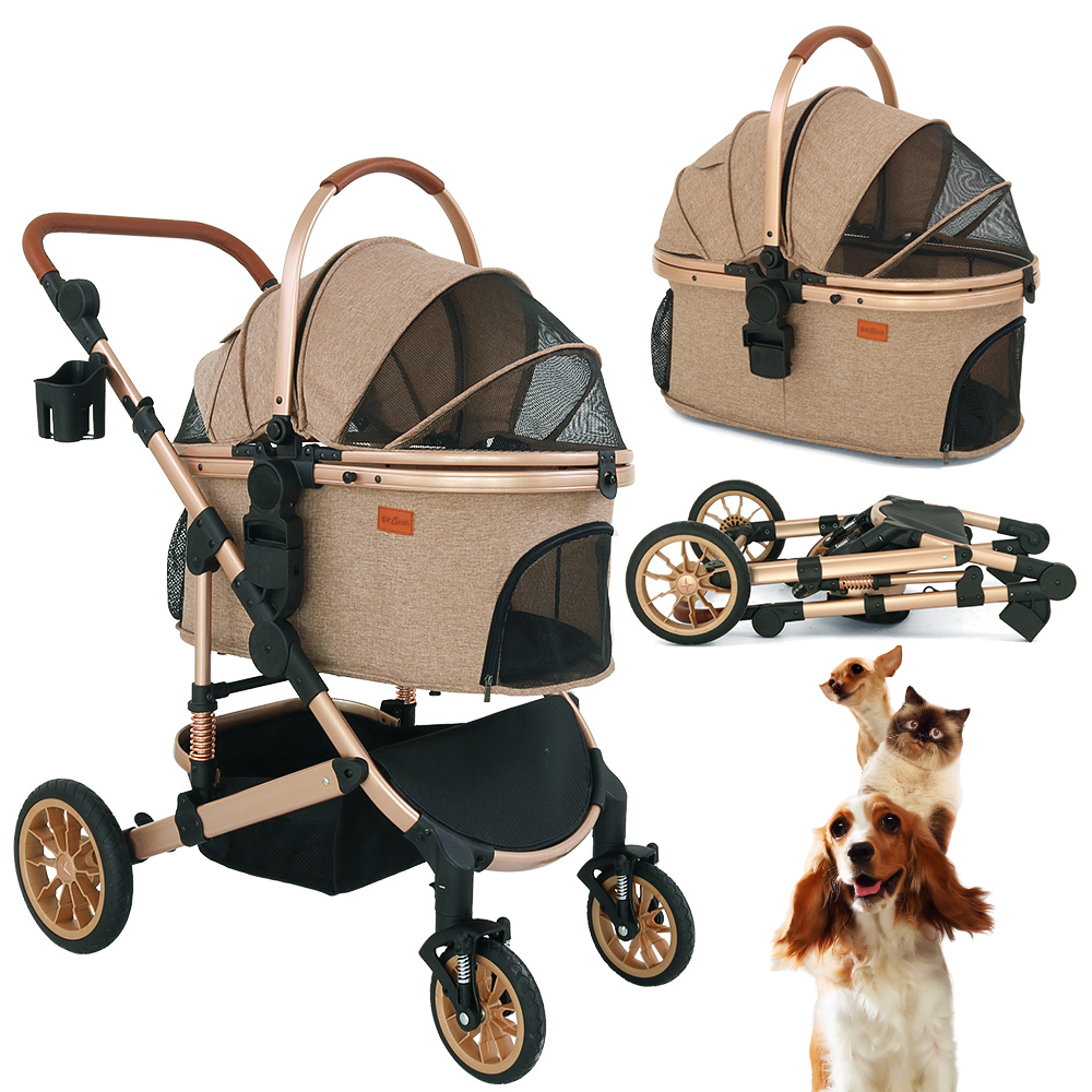 Bicystar 바퀴가 4개 달린 반려동물 유모차 소형/중형 반려견용 접이식 여행용 캐리어 최대 50파운드 탈착식 휴대용 가방 수납 바구니 카시트 3 in 1 다기능, 카키색 159,000원