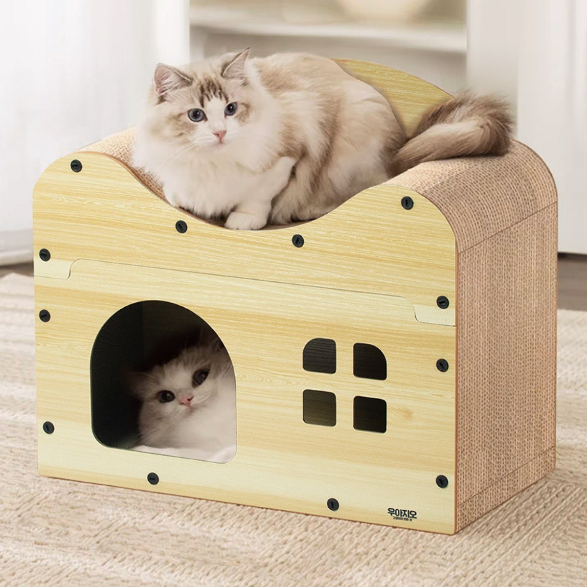 우아지오 2층8면 고양이 스크래쳐 숨숨집 하우스 연장확장가능, 1개, 원목색 28,500원