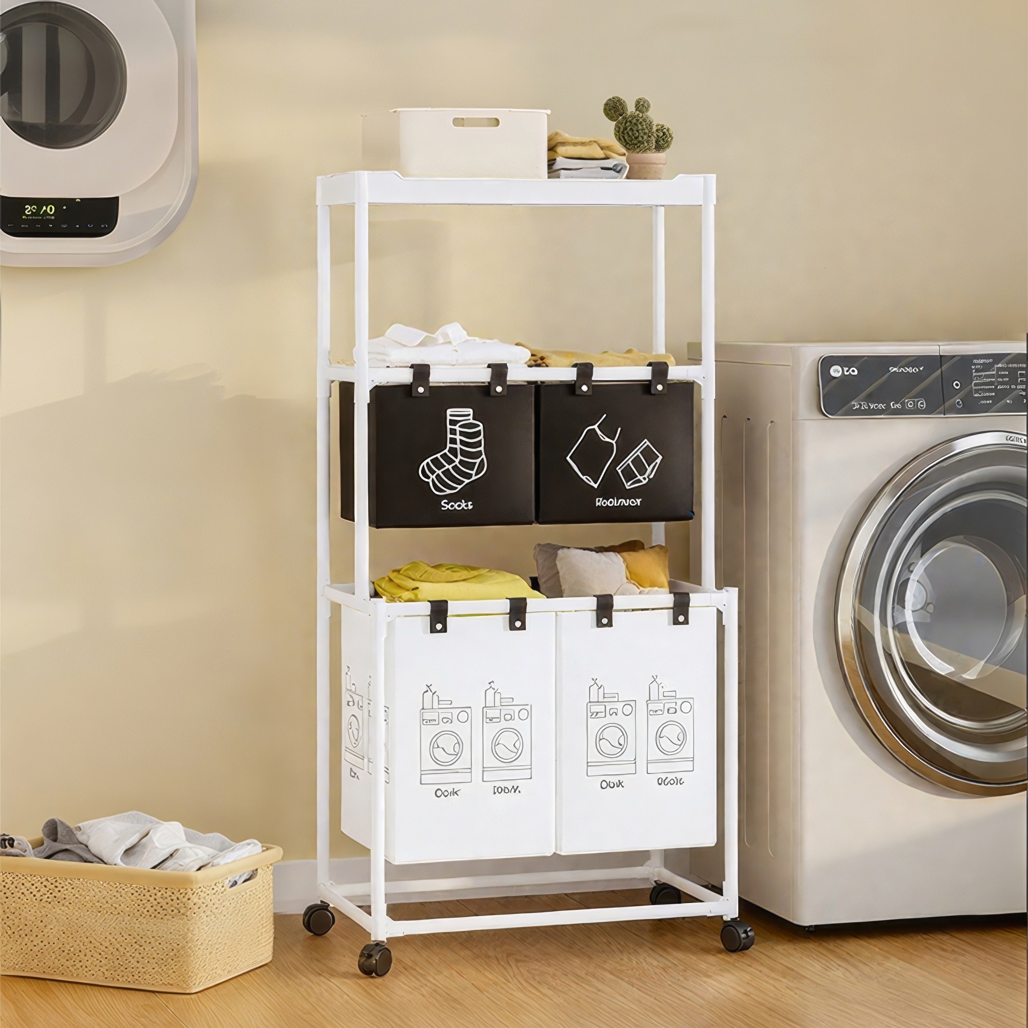 RUNDX 이동식 3단 대용량 빨래바구니 세탁바구니 선반, 화이트 32,900원