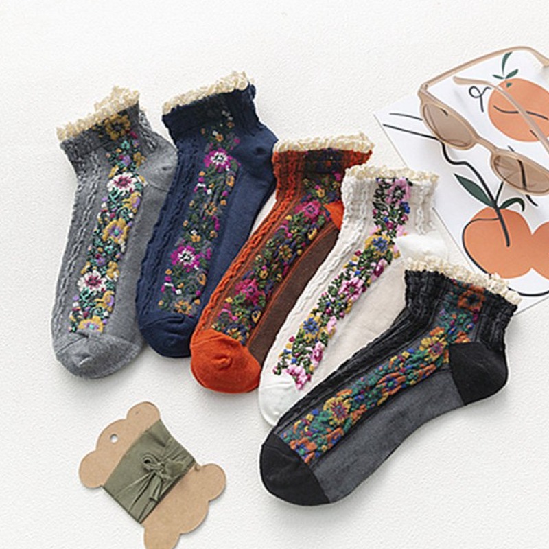 여성 패션양말 화려한 동백이 꽃자수 레이스 발목 양말 5켤레 세트 10,900원