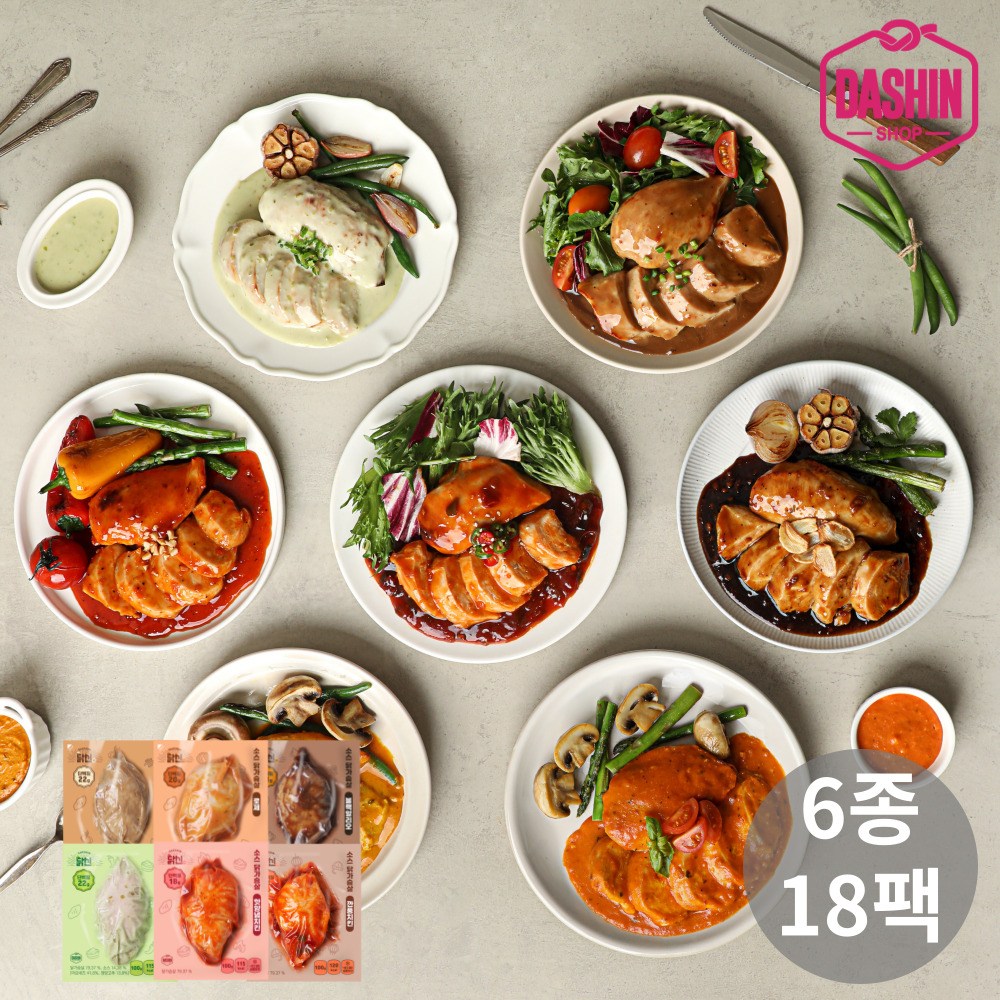 [다신샵] 닭신 소스닭가슴살 스팀통살 6종 혼합세트(핫양념+로제+데리+깐풍+청양마요+알리오), 100g, 18개 41,310원