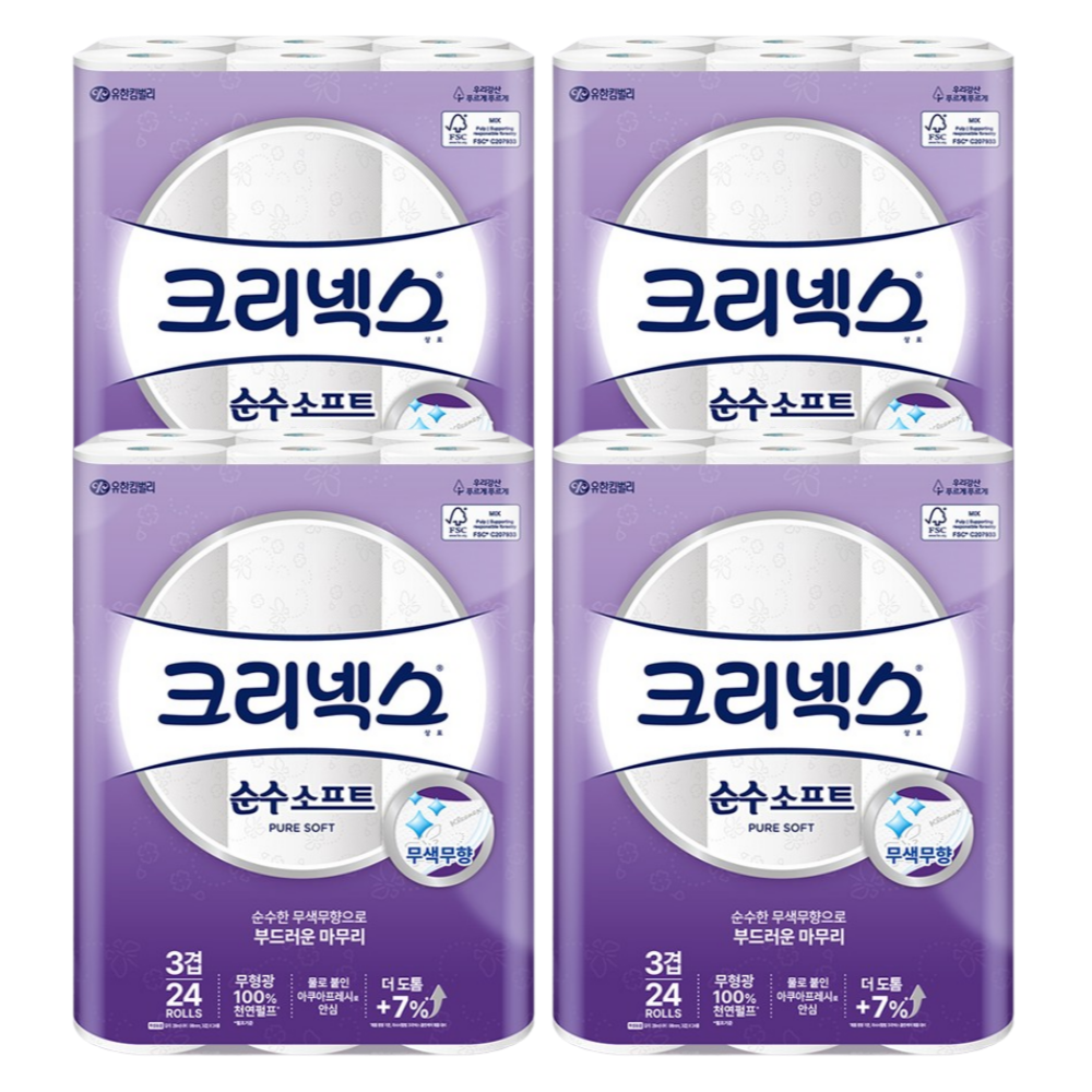 크리넥스 3겹 순수소프트 28m 24롤 4개 78,400원