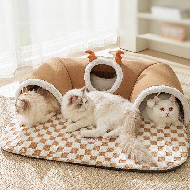 LINSHU 놀이 수면 2in1 고양이 터널 숨숨집 분리 가능, 1개, 브라운 42,600원