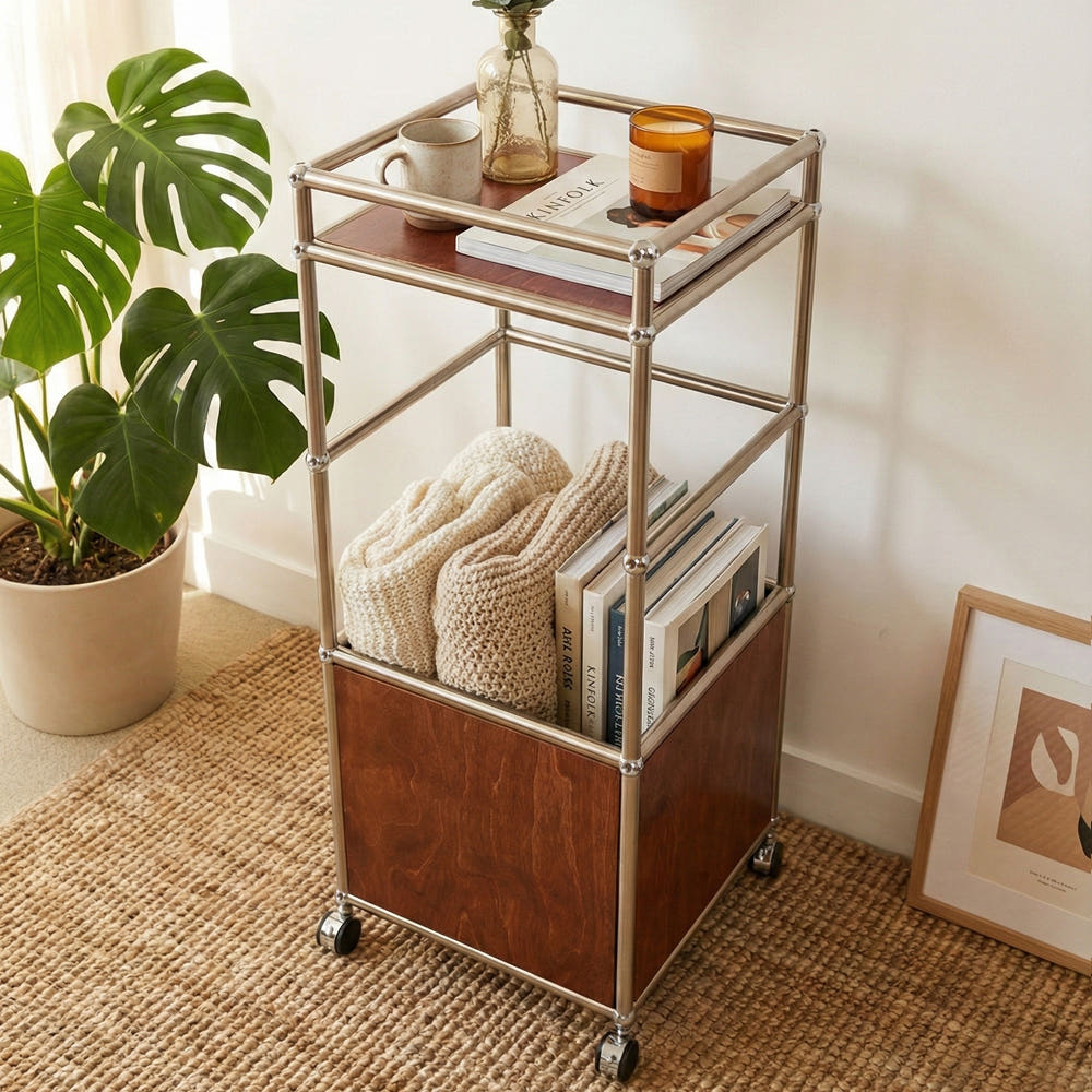 에프룸 미드센츄리 이동식선반 모듈 트롤리 수납장 정리함 수납함 350x350x920mm, 3단, 월넛 자작원목 259,000원