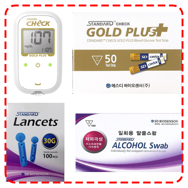 에스디바이오센서 스탠다드체크 골드 플러스 혈당측정기 풀세트 (기계+시험지50매+SD채혈침110개+SD알콜솜100매+채혈기+파우치) SW 18,900원