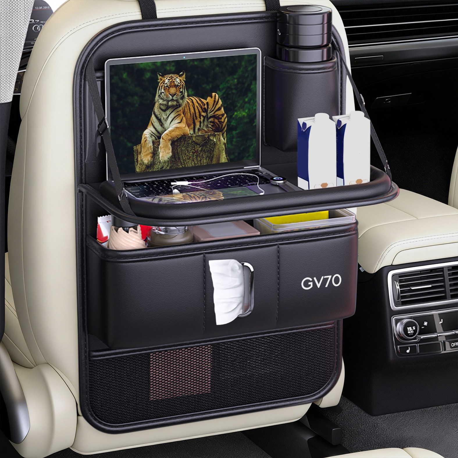 Ryusei 차량용 가죽 멀티 테이블 수납함 제네시스 호환 G90 G80 GV70 GV80 각인 2in1 자동차 시트 수납포켓 뒷좌석 킥커버 다용도 수납함 발자국 방지 R103 29,900원