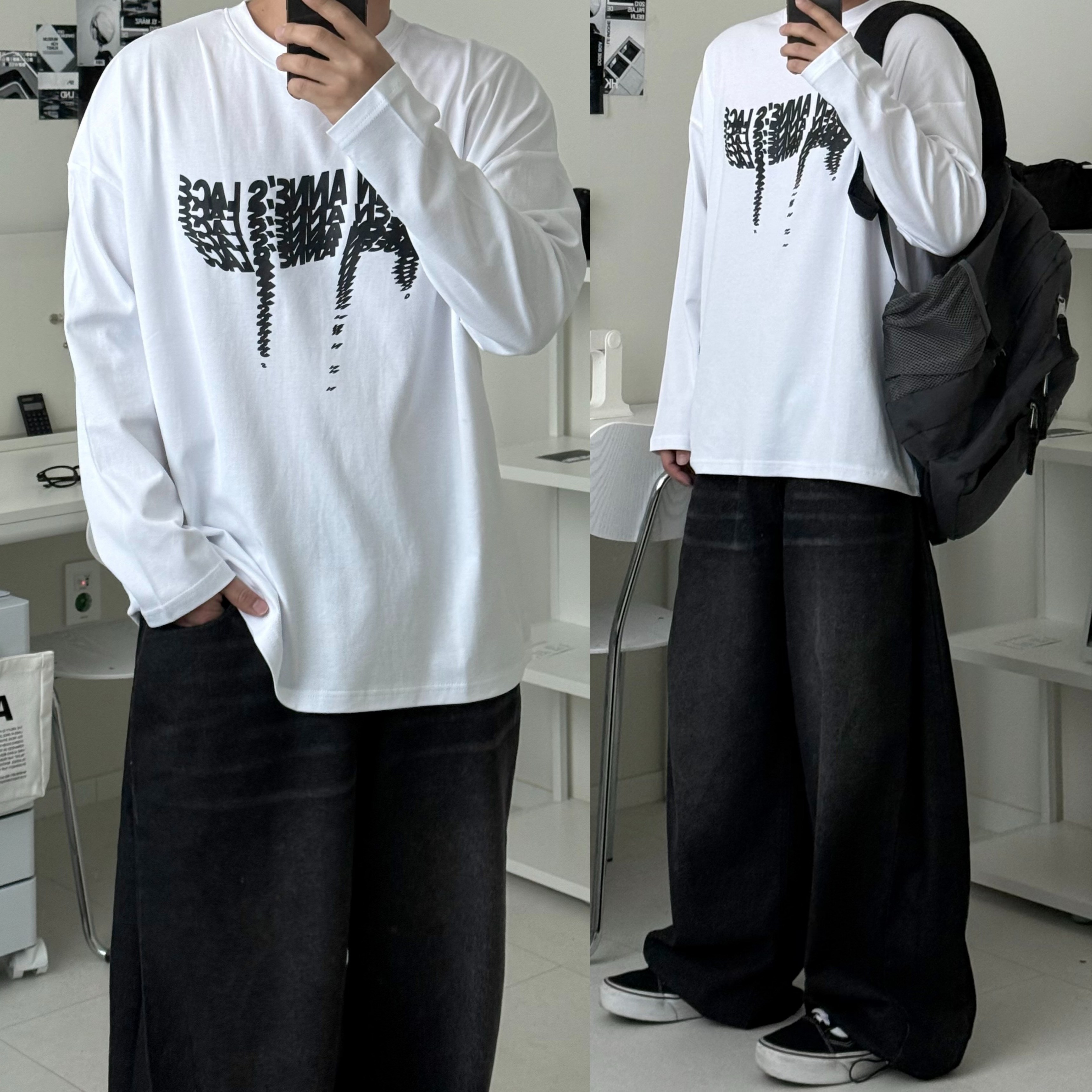 르위 오버핏 긴팔 프린팅 라운드 티셔츠 오버핏 순면 슬리브 남녀공용 15,900원