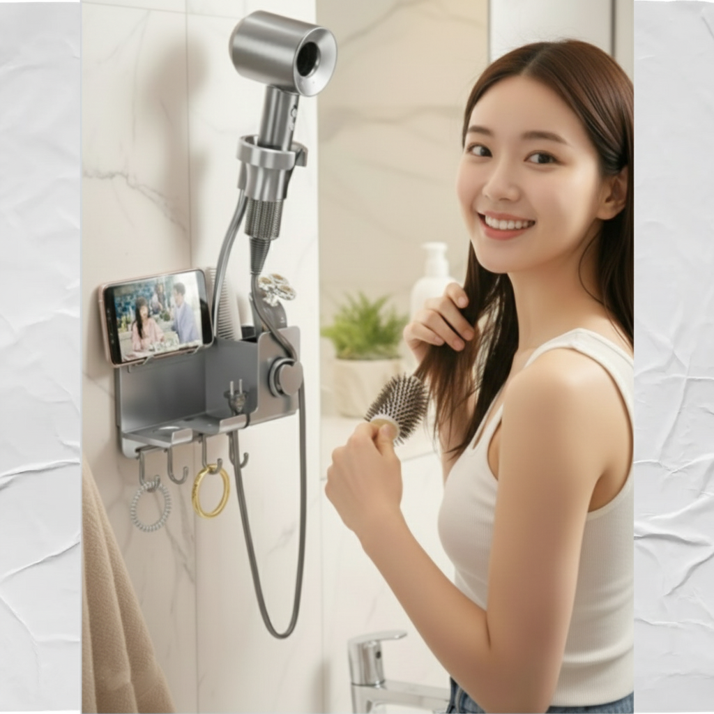 K-STORE 무타공 부착형 드라이기 거치대 접착식 흡착식 헤어 드라이어 욕실 걸이 펫 드라이 강아지 고양이 목욕 편리한 스타일러 노터치 거치 다각도 각도 조절, 1개, 화이트 29,900원