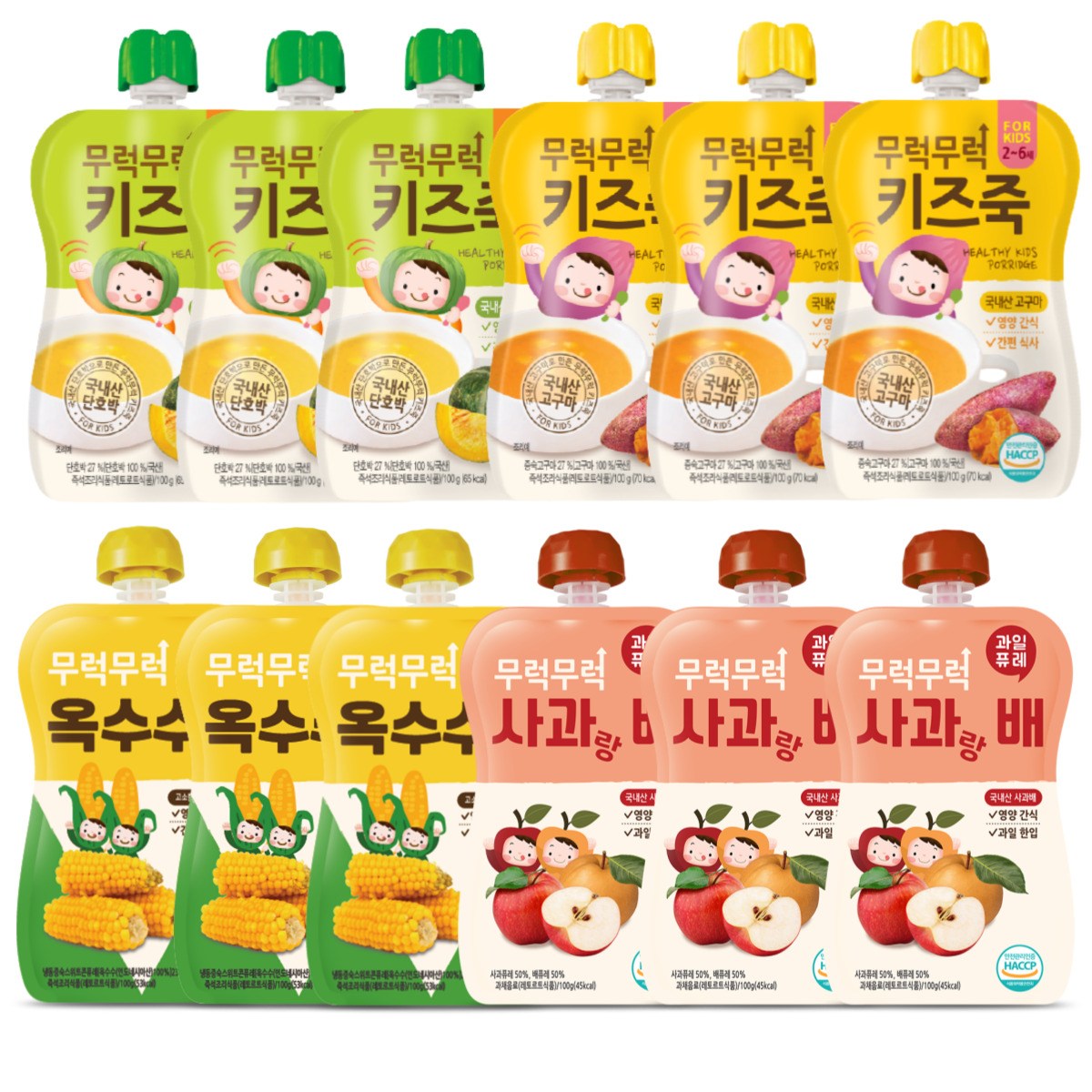 무럭무럭 키즈죽,과일퓨레 알뜰 12팩(옥수수,단호박,고구마,사과배 각 3팩) 25,800원