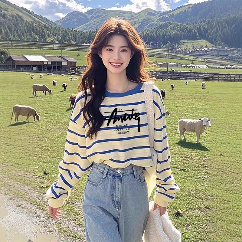 녕동 여성 스트라이프 긴팔 티셔츠 라운드넥 루즈핏 봄가을 이너 티셔츠 21,900원