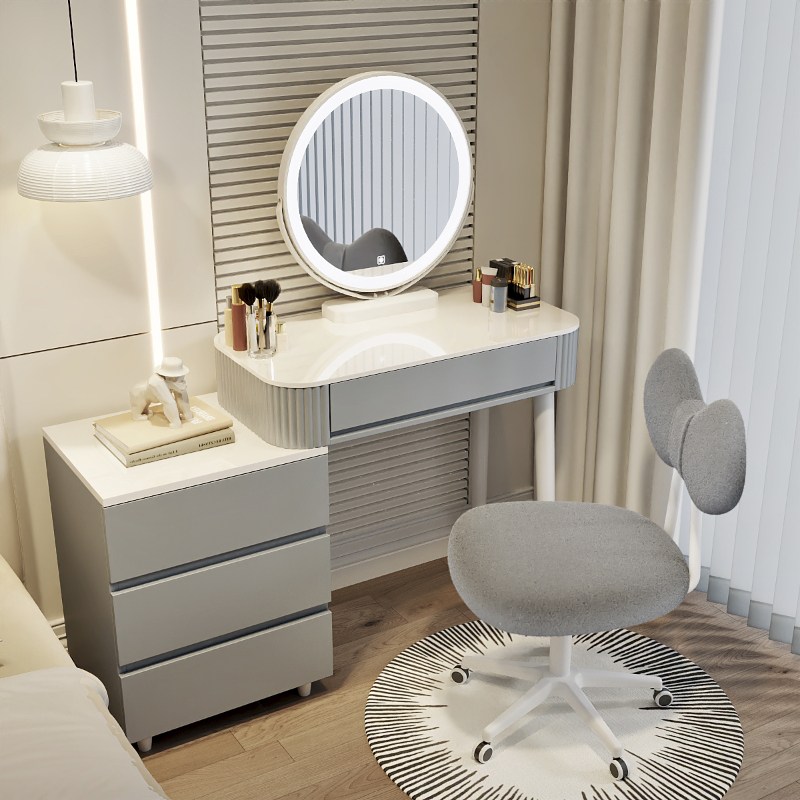 세련된 LED 조명 화장대 확장형 서랍장 수납 화장대, Y02+판다 의자+원형 거울 324,000원