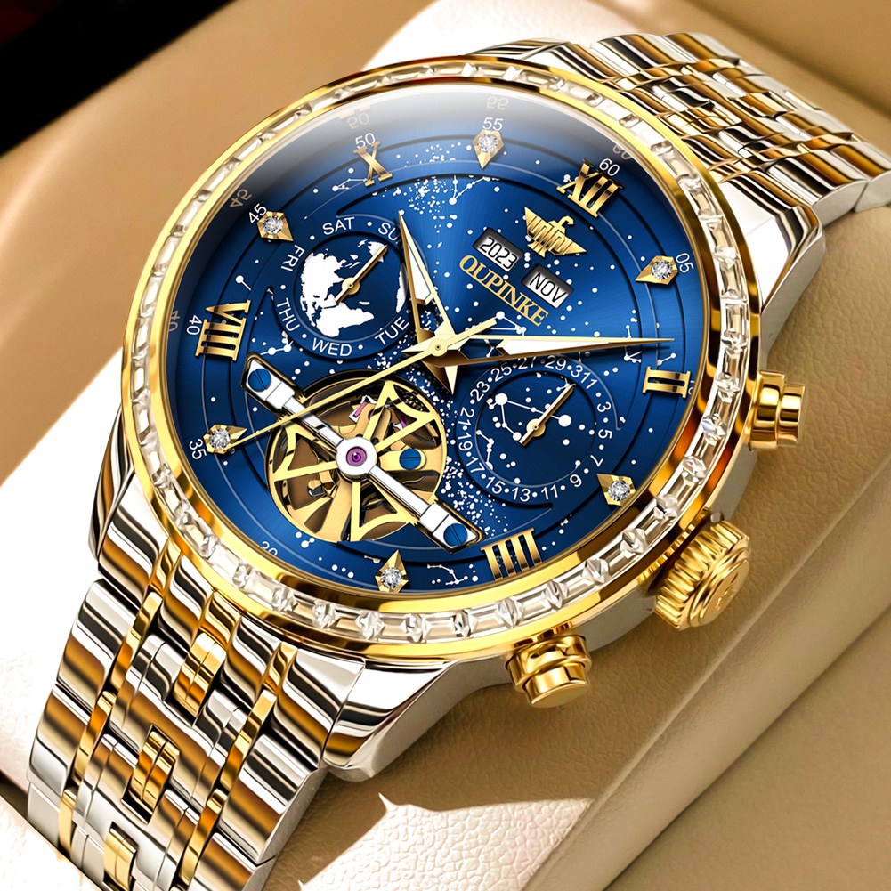 OUPINKE 남성 시계 정품 자동 기계식 오토매틱 럭셔리 명품 워터프루프 야광 메탈 큐빅 다기능 별이 손목 366,100원
