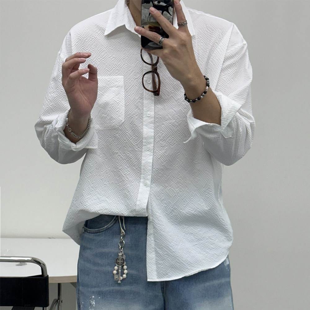 테이크잇컴퍼니 남자 흰색 시어서커 긴팔 남방 오버핏 무지 기본 구김없는 셔츠 33,000원