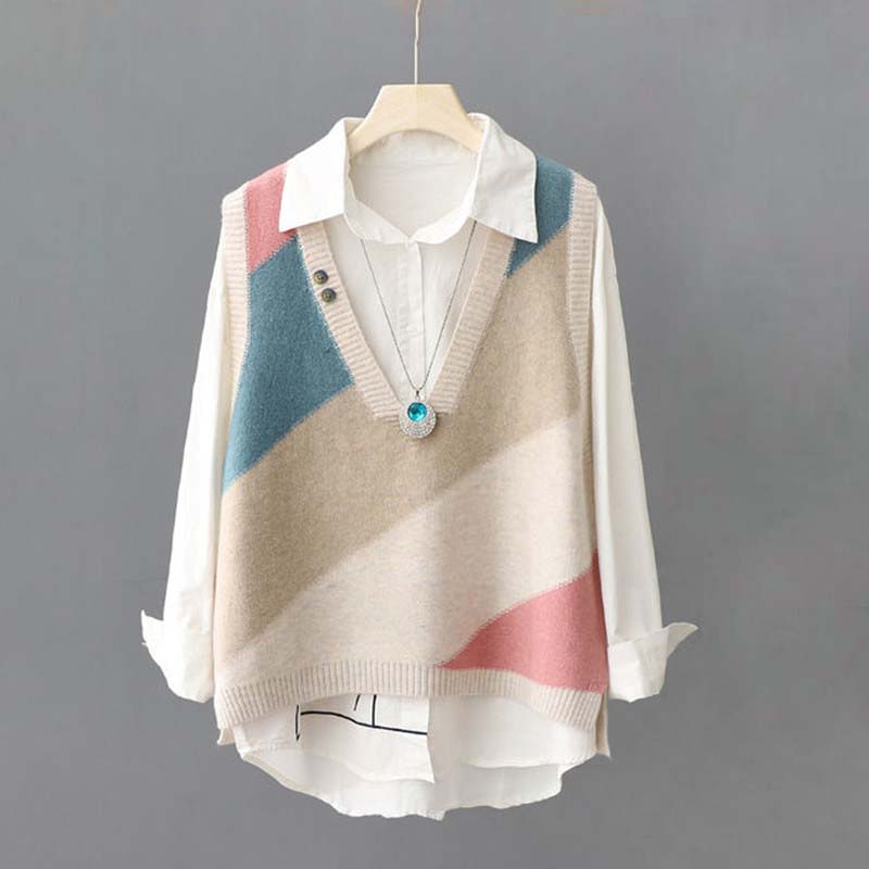 봄가을 여성 오버핏 컬러 블록 브이넥 민소매 니트 풀오버 조끼 캐주얼 데일리 루즈핏 레이어드 베스트 17,800원