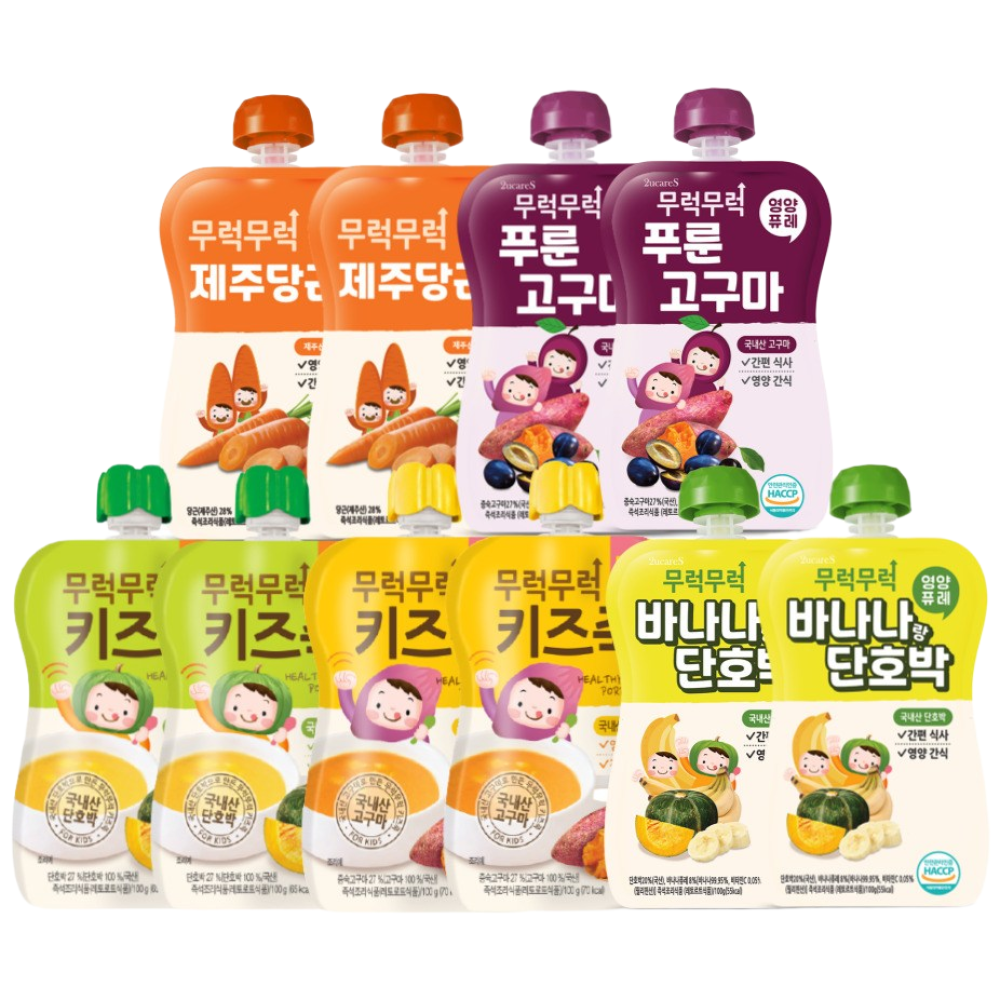 무럭무럭 키즈죽, 과일퓨레 알뜰 10팩 (고구마,단호박,제주당근,바나나단호박,푸룬고구마 각 2팩), 100g 23,800원