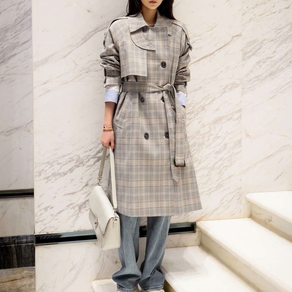 연그레이 체크 트렌치코트 더블버튼 스퀘어카라 정사이즈 S·M·L 데일리 출근룩 68,000원