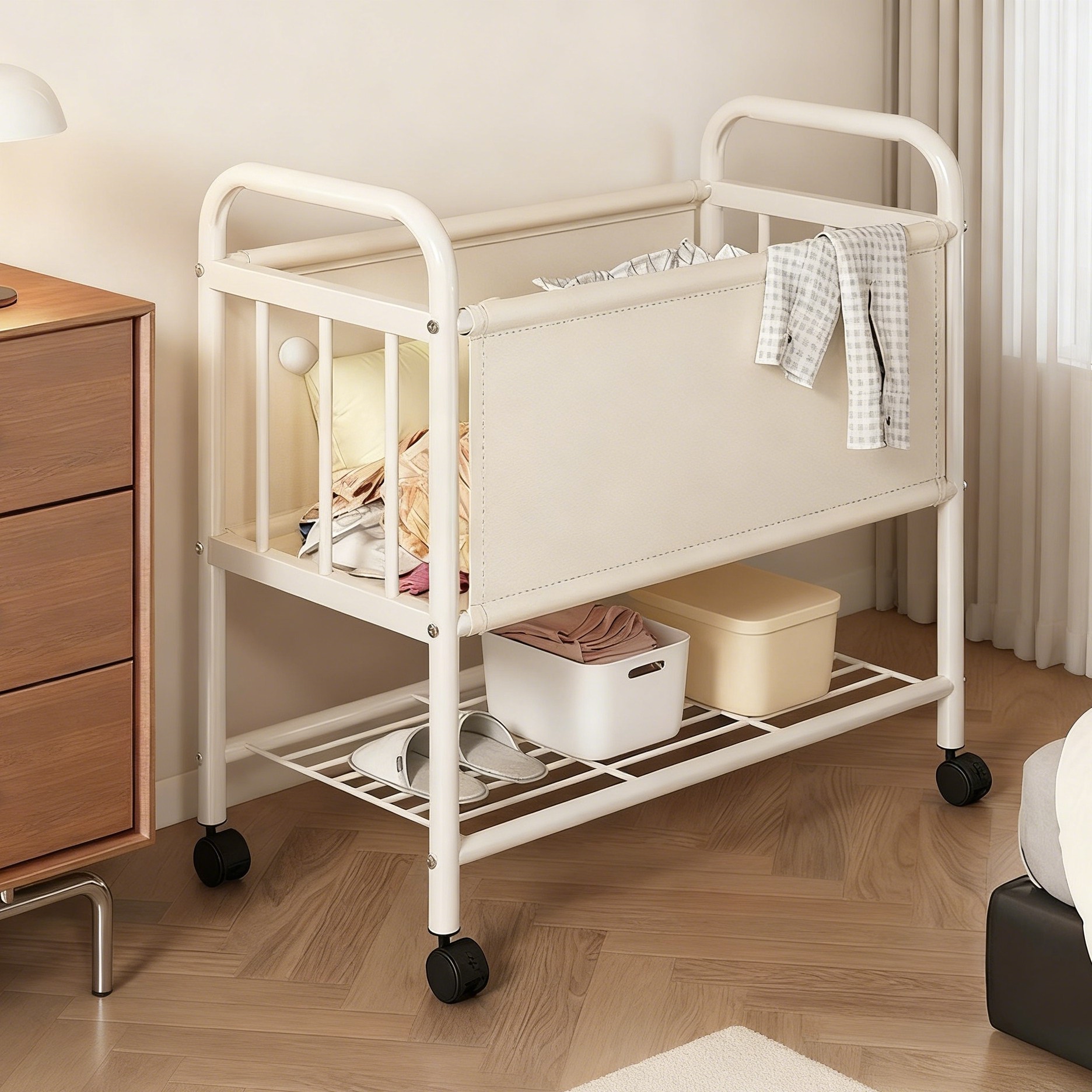 TLOML 이동식 트롤리 빨래바구니 욕실 수납장 세탁바구니 2단, 아이보리 49,900원