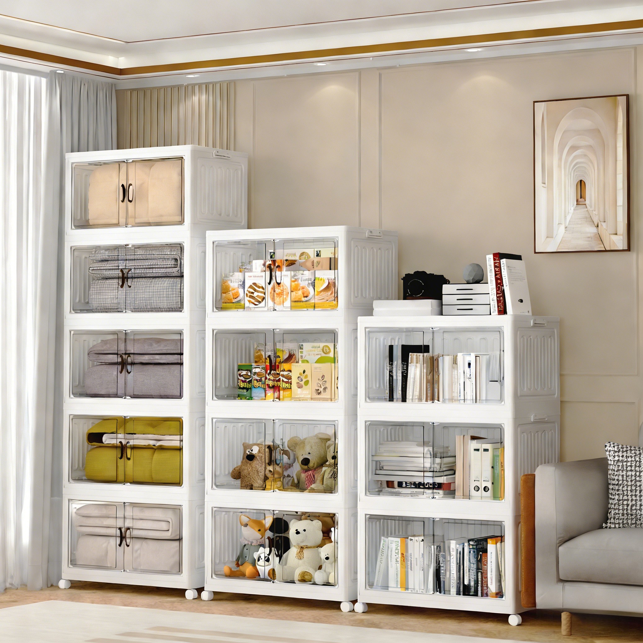 Kleeno 접이식 설치 면제 양문 수납장 3단 4단 5단 이동식 다용도 수납장 가정 베란다 거실용 수납장 간식 장난감 수납장 리빙박스 정리함 수납함, 3층 39,870원