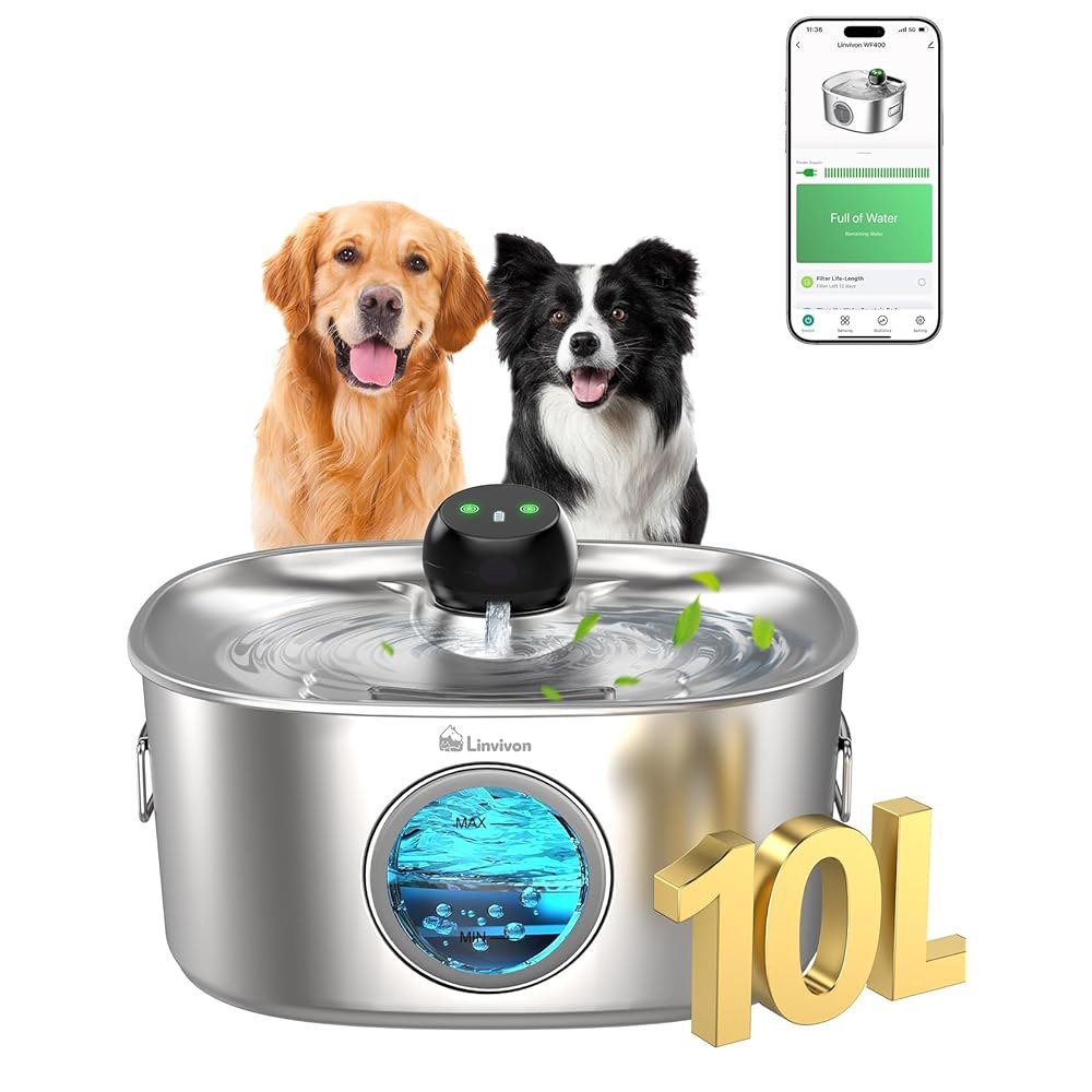 린비본 반려견 물그릇 디스펜서, 10L / 2.64Gal 338온스 자동 물분수기(APP 및 2.4G WiFi 포함), 대형견을 위한 5필터 스테인리스강 반려동물 물분수, 실내 179,800원