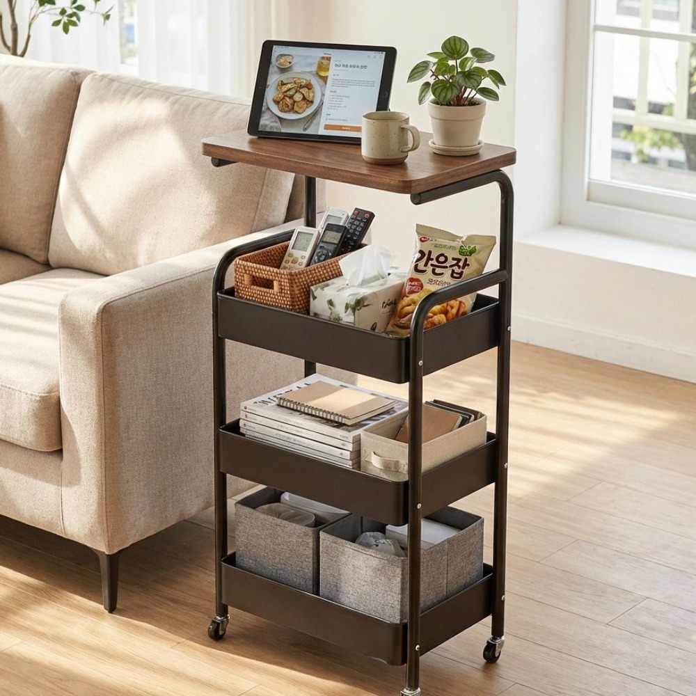 [당일출고] FOOI 이동식 4단 트롤리 철제 수납카트 바퀴형 선반 360도 회전 다용도 정리대 5시전 당일발송, 4단, 원목 화이트 39,900원