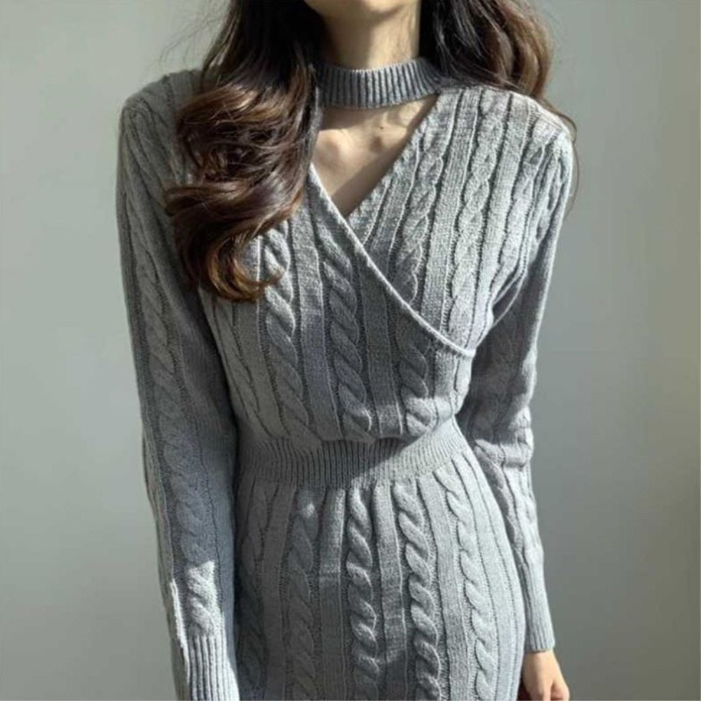 가을 긴팔 니트 원피스 꽈배기 슬림핏 하객룩 슬릿 치마 원사이즈 국내 19,100원