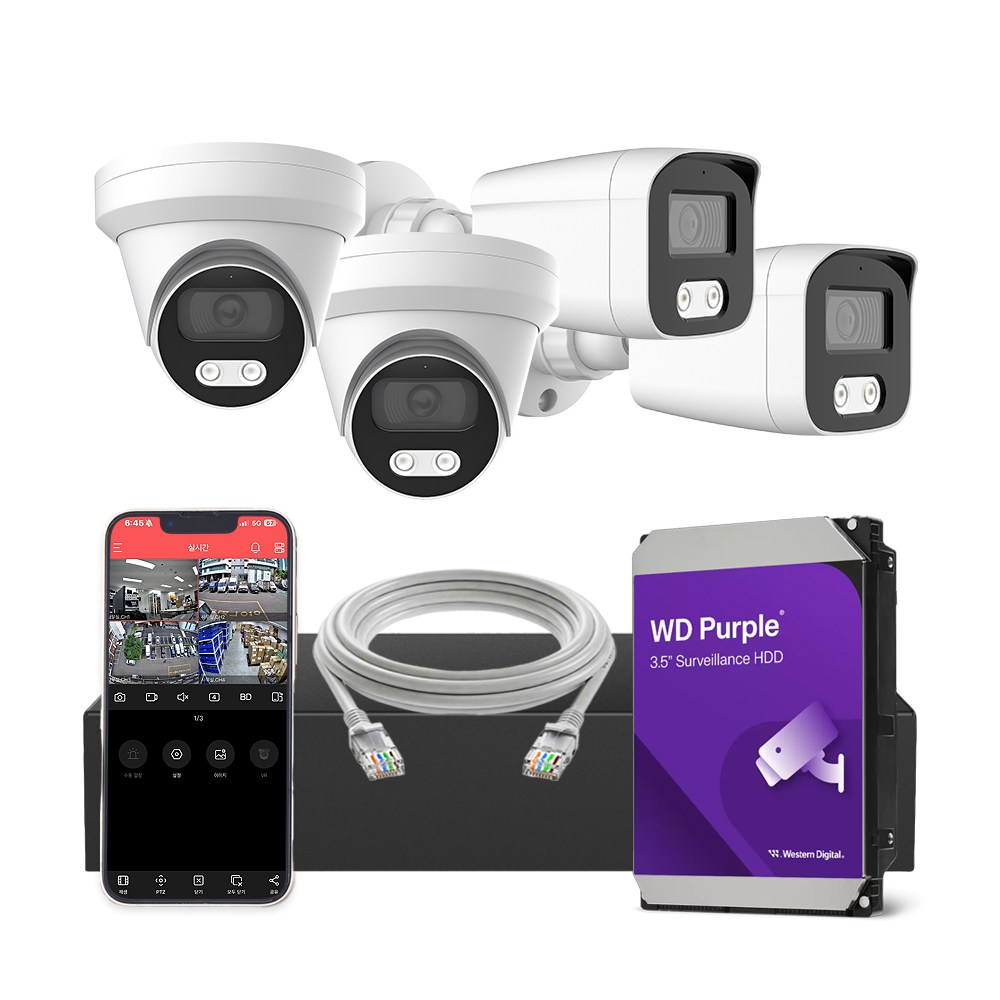 [하드 3TB 포함] HNTek 800만화소 IP CCTV 세트 (4채널 NVR + 실내/실외 PoE 카메라 + UTP케이블 20M), 1세트, 실내 2대+외부 2대 673,000원