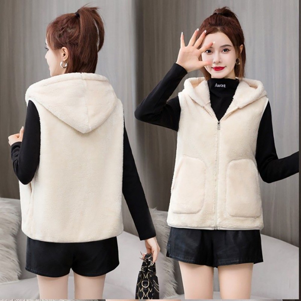 ROYALBELLE 여성 양털 후드 베스트 루즈핏 레이어드 스타일 후리스 집업 조끼 D0121215 23,800원