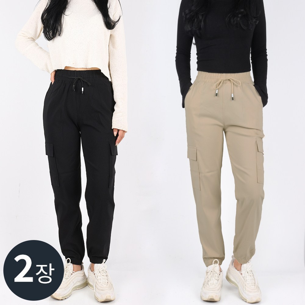 1+1 C여성면스판조거팬츠 여자 여성 카고 조거 밴딩 포켓 스판 코튼 나일론 데일리 팬츠 빅사이즈 단체 34,800원