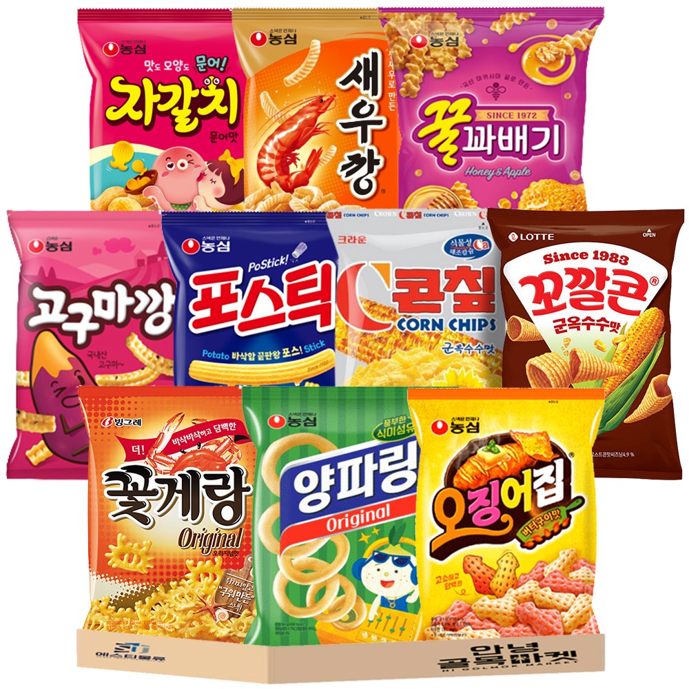 인기 봉지 과자 10종 세트 ( 농심 새우깡 고구마깡 자갈치 꿀꽈배기 포스틱 롯데 꼬깔콘 (군옥수수) 크라운 콘칲 빙그레 꽃게랑 양파링 오징어집 ) 스낵 세트, 안녕종합스낵 10종, 1세트 19,800원