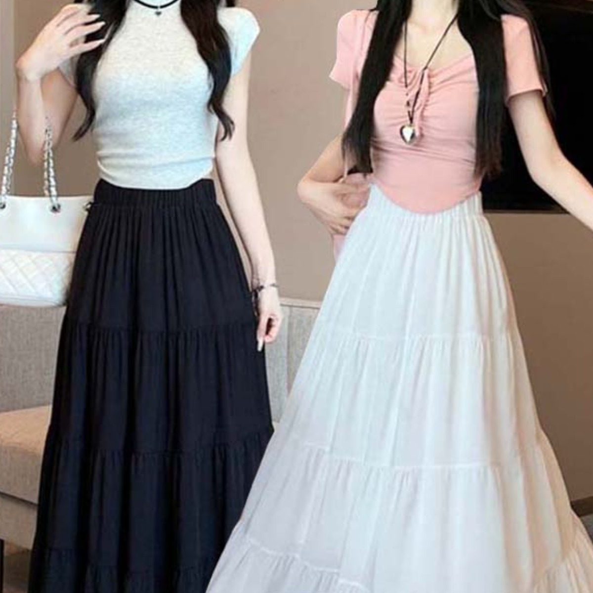 TIMEPURE 1+1 신상 여성용 빅사이즈 롱 스커트 하이웨이스트 봄여름용 슬림핏 순색 캐주얼 에이라인 날씬해 보이는 여자 스커트 32,800원