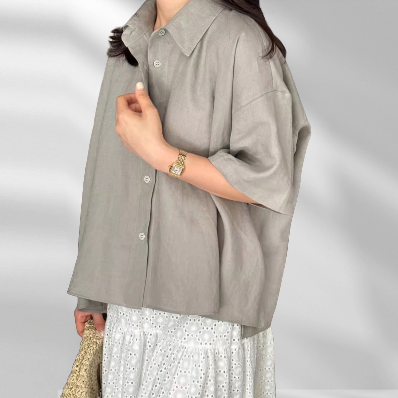 퀸앤조이 여성용 여름 빅사이즈 린넨 블라우스 카라넥 오버사이즈 슬릿 데일리 블라우스 루베아 56,800원