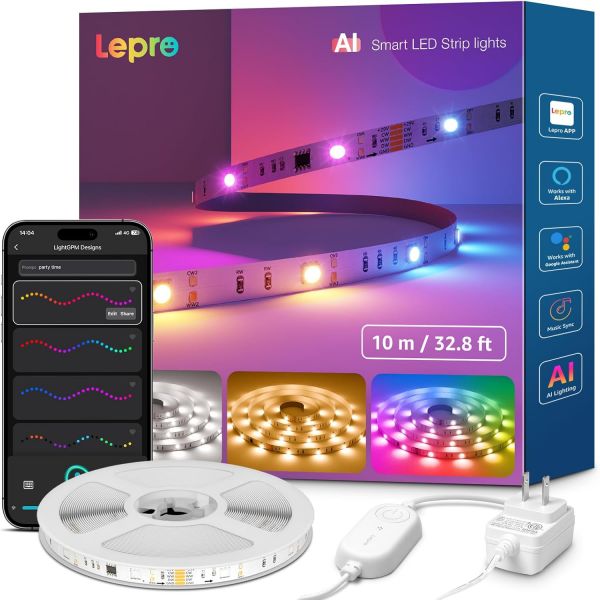 Lepro S2 AI 스마트 LED 스트립 조명 - 10미터(32.8피트) RGBCW 스트립, 2700K-5700K 색온도 조절 가능, 따뜻한 백색광, 색상 분할 DIY, 맞춤 112,560원