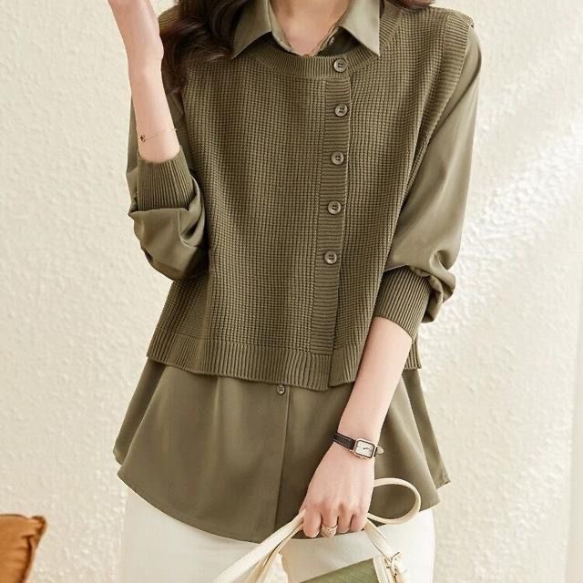 패션고리 여성 카라넥 캐주얼 니트 레이어드 셔츠 블라우스 H671 31,000원