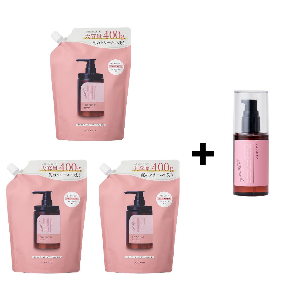 거품없이 사용하는 신세계 올인원 샴푸 cocone 클레이 크림 샴푸 리필용 3개 헤어 에센스 오일 1병 증정! (로즈허브 향), 400g, 3개 102,000원