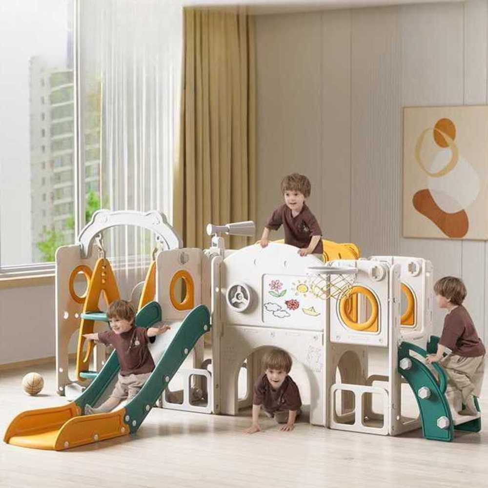 실내용 어린이 미끄럼틀 유아 그네 농구 골대 놀이터 볼풀 세트, 1개, 1. 곰 슬라이드 노랑녹색+농구 195,800원