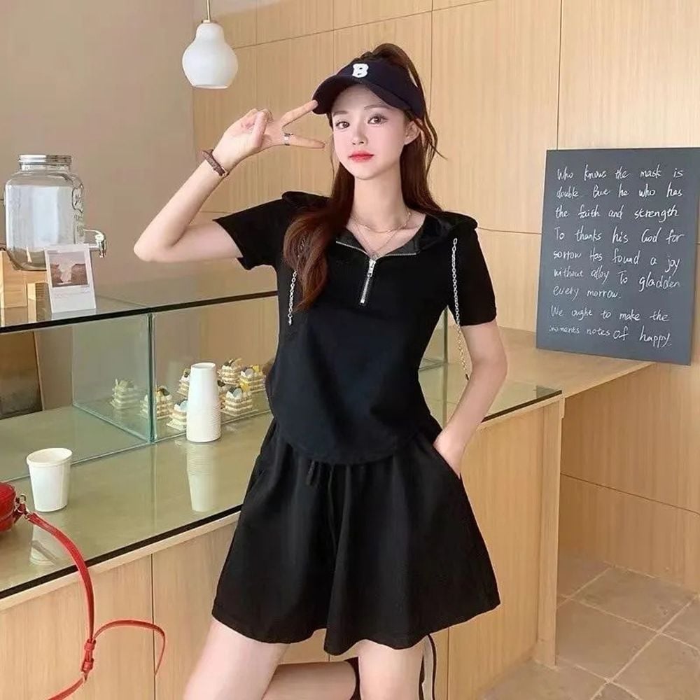 여성 루즈핏 반팔 반집업 치마바지 상하 세트 셋업rio7+4fJm 41,290원