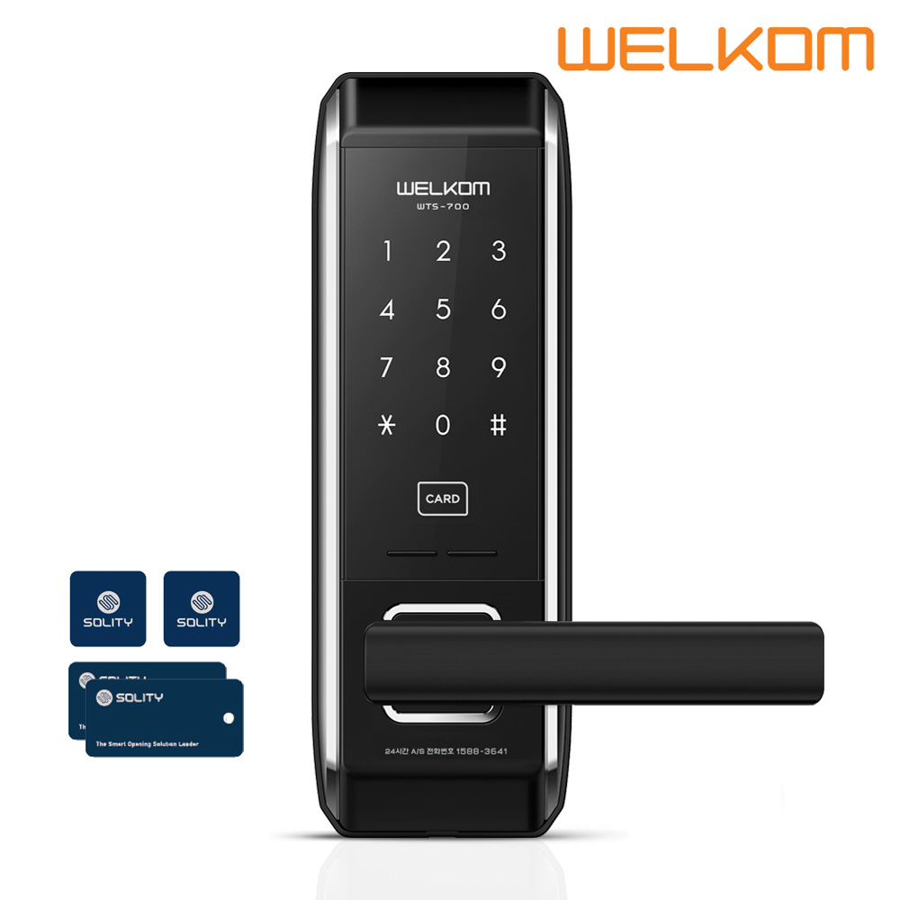 솔리티 웰콤 무타공도어록 WTS700 카드키4개+번호키 내부이중잠금 허수기능 에티켓기능 전기충격무력화 크롬도금 유광코팅 음량조절(무음가능) 마스터번호[카드] 현관문 0초즉시잠김 78,000원