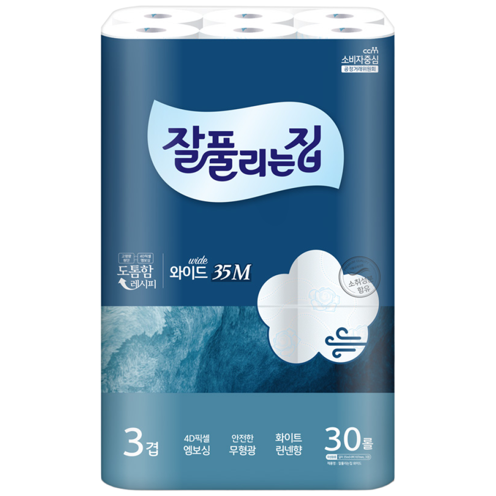 잘풀리는집 도톰한3겹 와이드 화장지 35M 30롤 1팩, 30개입, 1개 23,500원