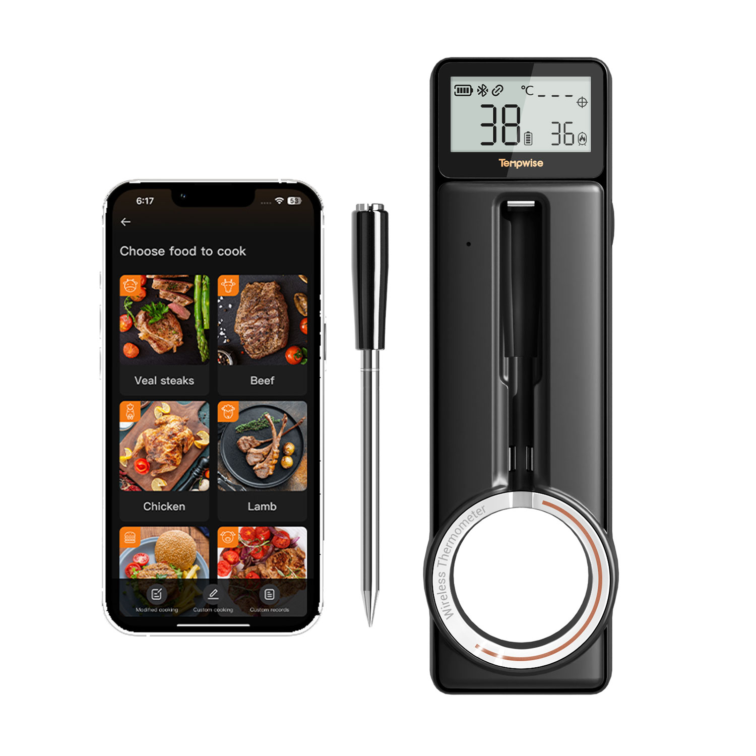 Tempwise TNT-2B 블루투스 5.4 바비큐 고기 온도계 1s 패스트 응답 음식 온도 모니터 5mm 초박형 프로브, 요리용 그릴 로스팅에 적합, 1개 64,110원
