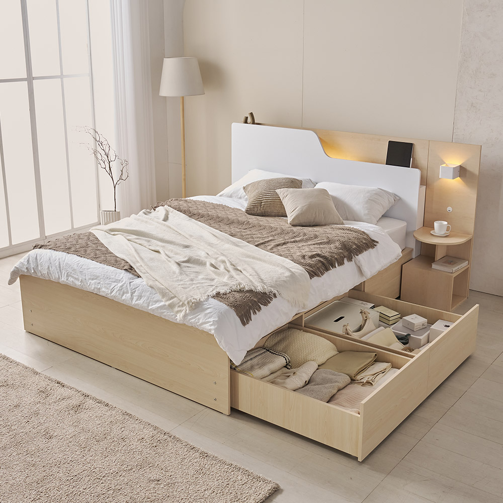 상일리베가구 플로 호텔형 LED 벙커 빅서랍 수납침대 프레임 SS(슈퍼싱글)+협탁1EA, 투톤메이플 359,000원