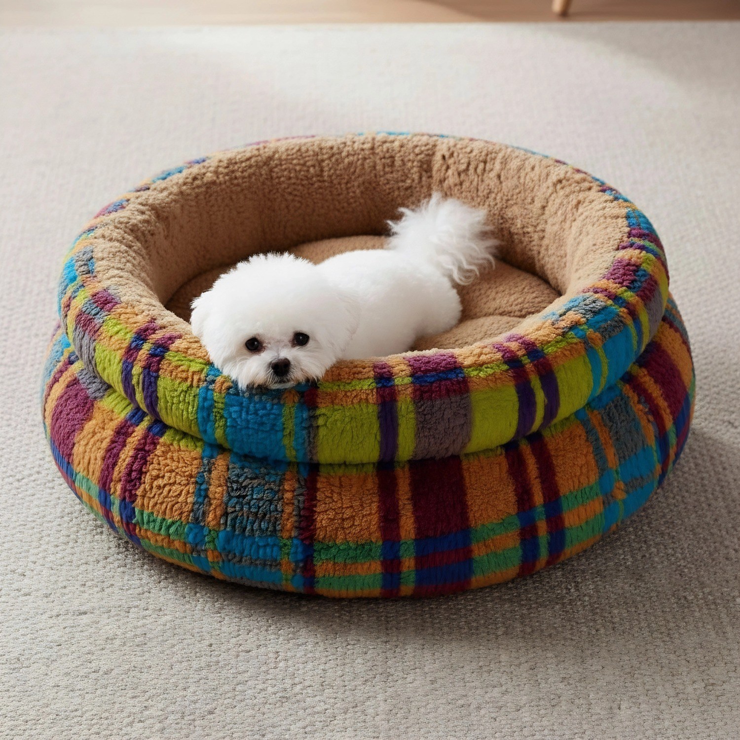 Tinduo 강아지 고양이 방석 원형 더블층 쿠션 침대 중소형견 보온 방풍 푹신한 애견하우스, 1개, 종려 35,580원