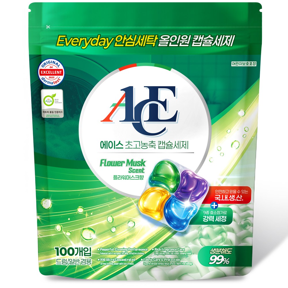캡슐세제 에이스 초고농축 캡슐세제 플라워머스크향 세탁세제 일반용 드럼용, 1개, 100개입 10,900원